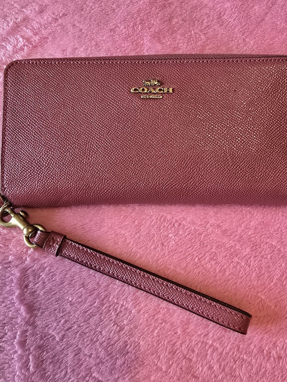 Coach Pink Saffiano Zip Wallet with Gold Hardware